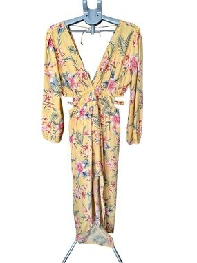 Charlotte Russe Yellow Floral Romper XL Walk Through Shorts Cutout Boho Resort